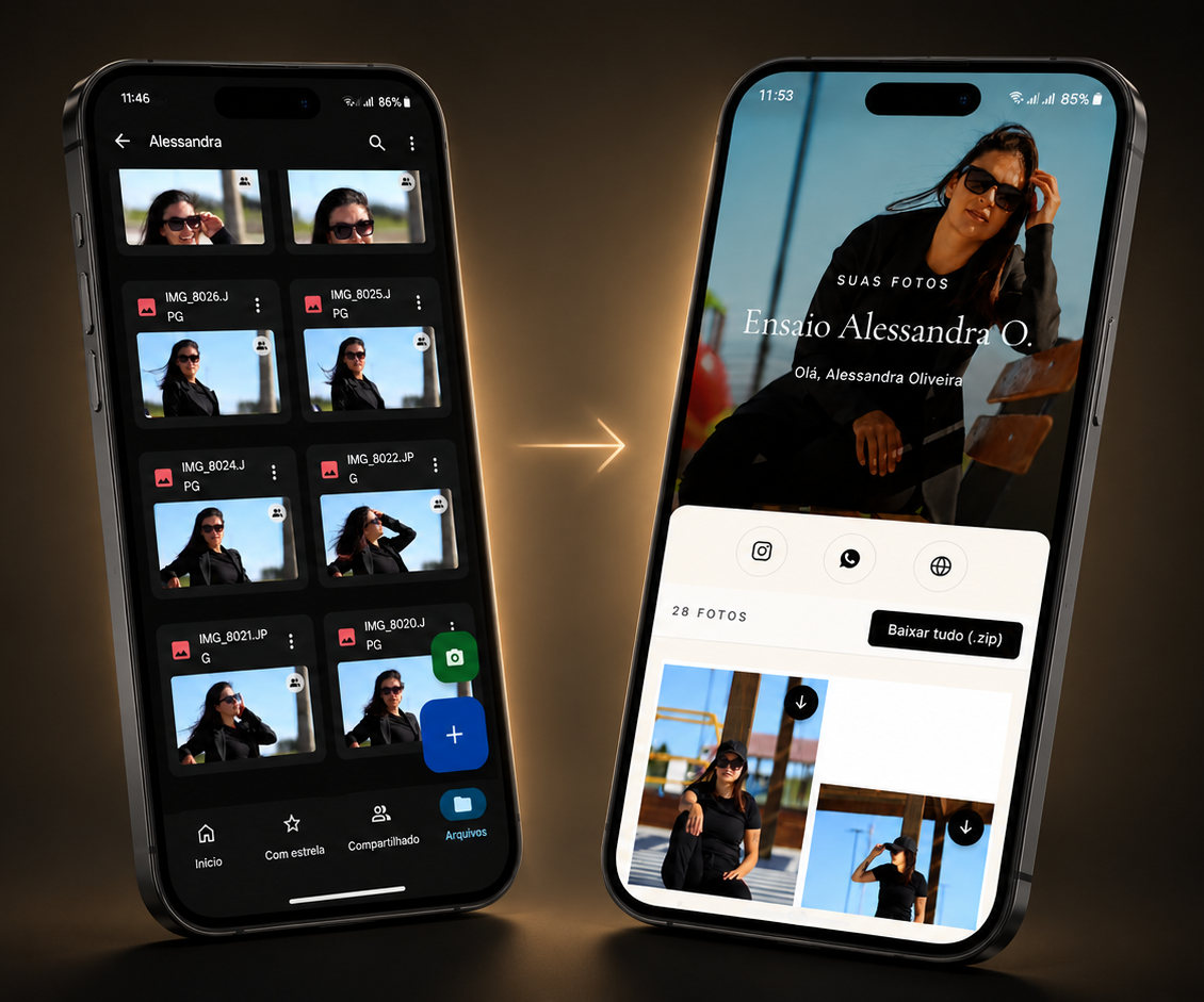 Mockup do aplicativo RF Select mostrando galeria no celular